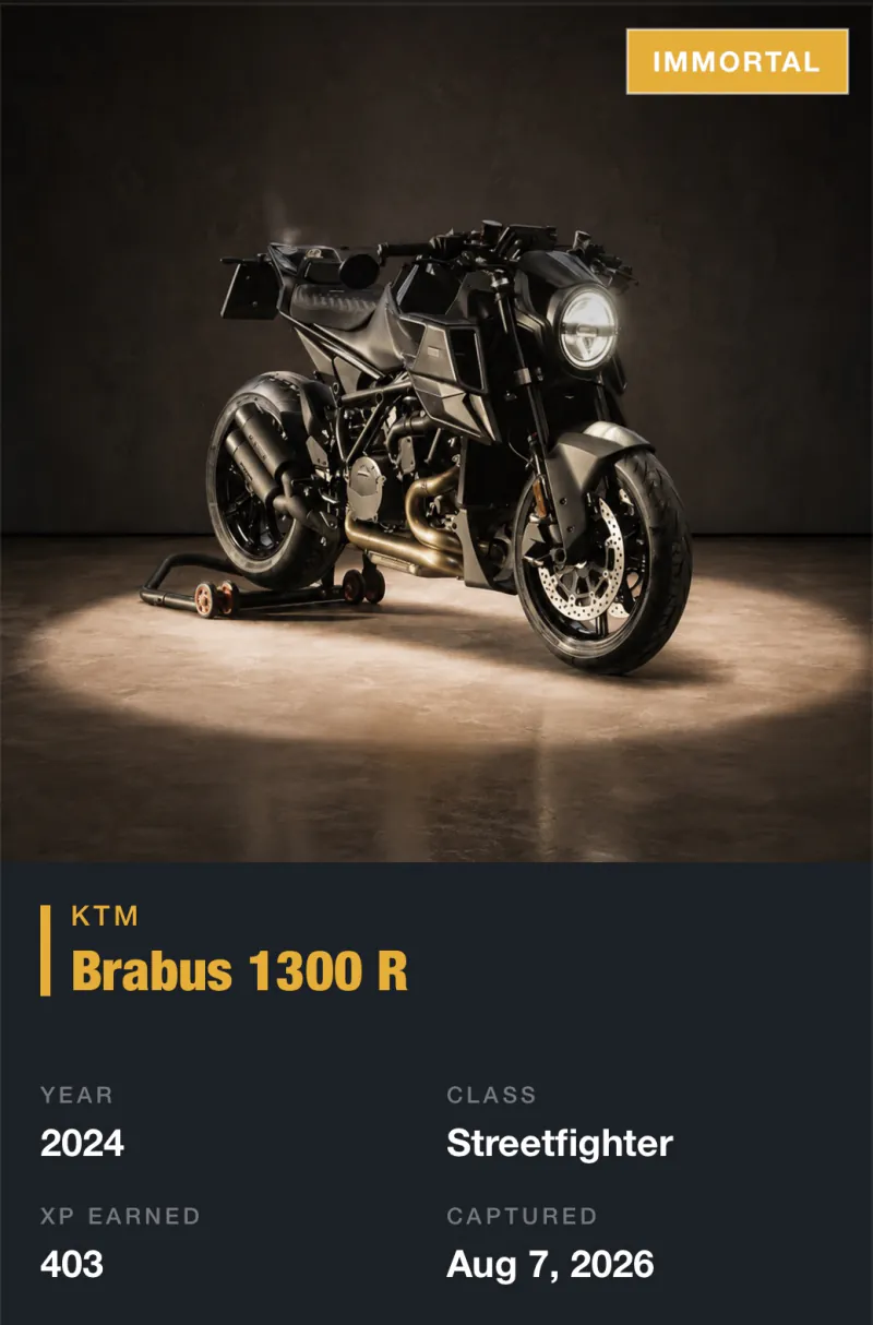 Real Dravik card detail screen: KTM Brabus 1300 R, Immortal
